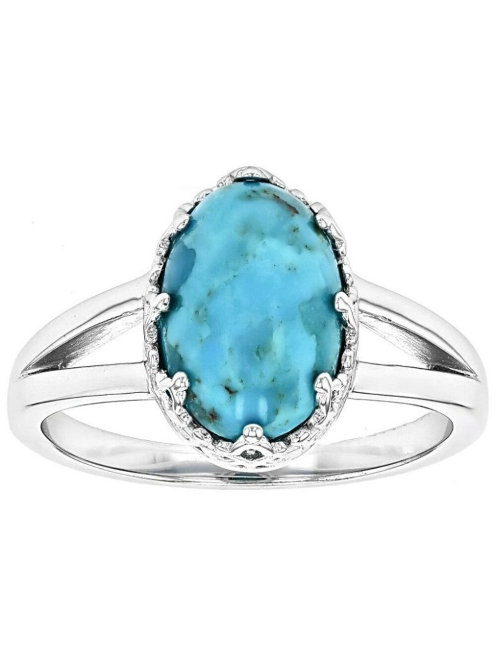 Turquoise Oval Cabochon Ring Platinum Plated Sterling Silver Size 6